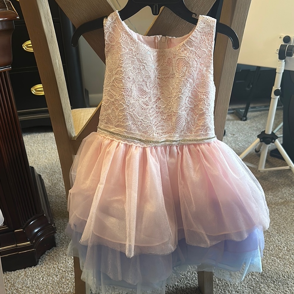 Elegant Pink and Blue Lace Kids Formal Dress